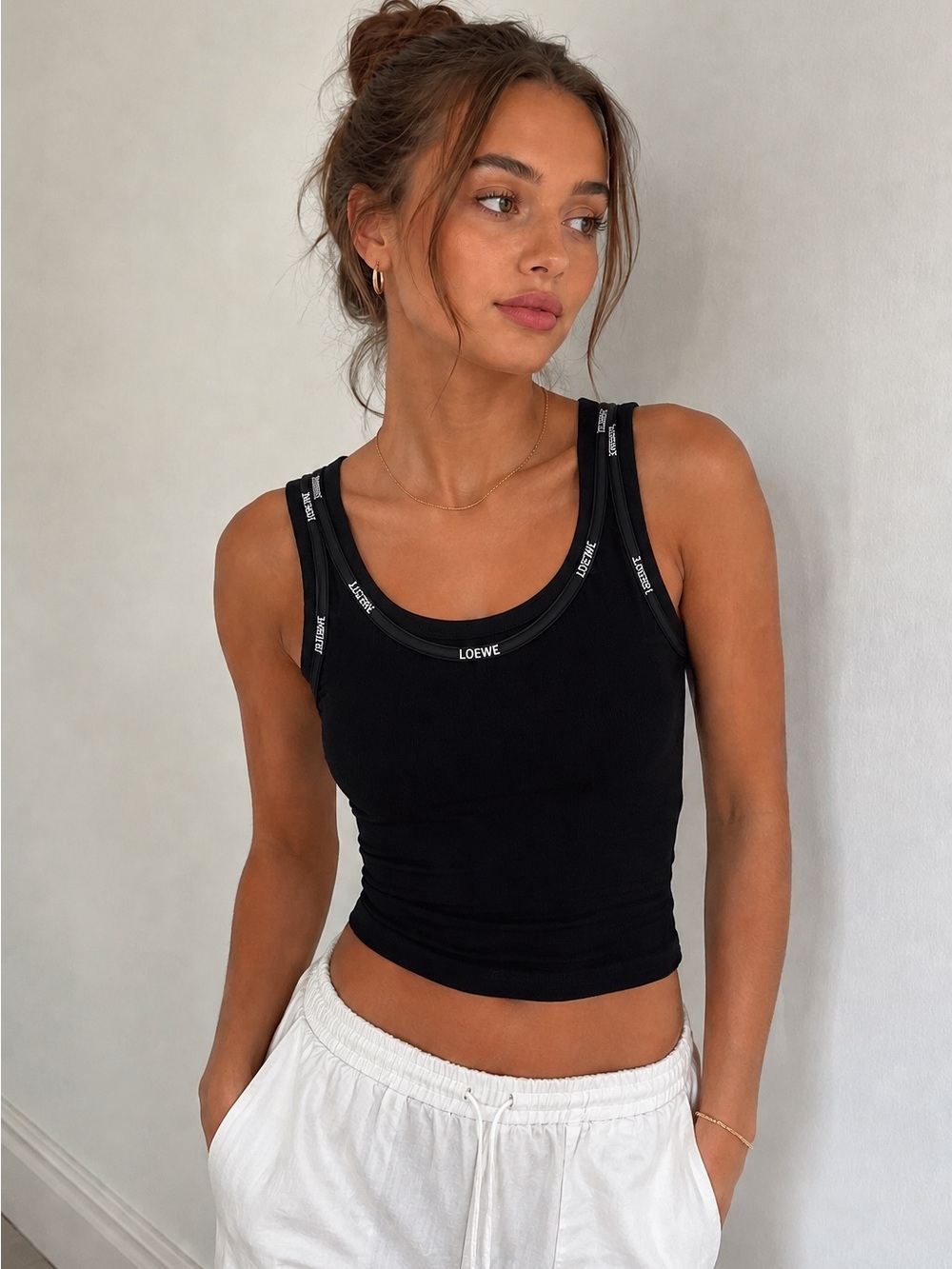 LOEWE Logo Strap Ribbed Tank Top Black Size 36 XS Stretch Sleeveless
